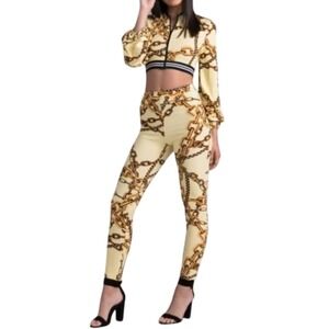 Chain Print Yellow Cropped Jacket & Leggings Set XL Stretch Sexy Hip Hop Club